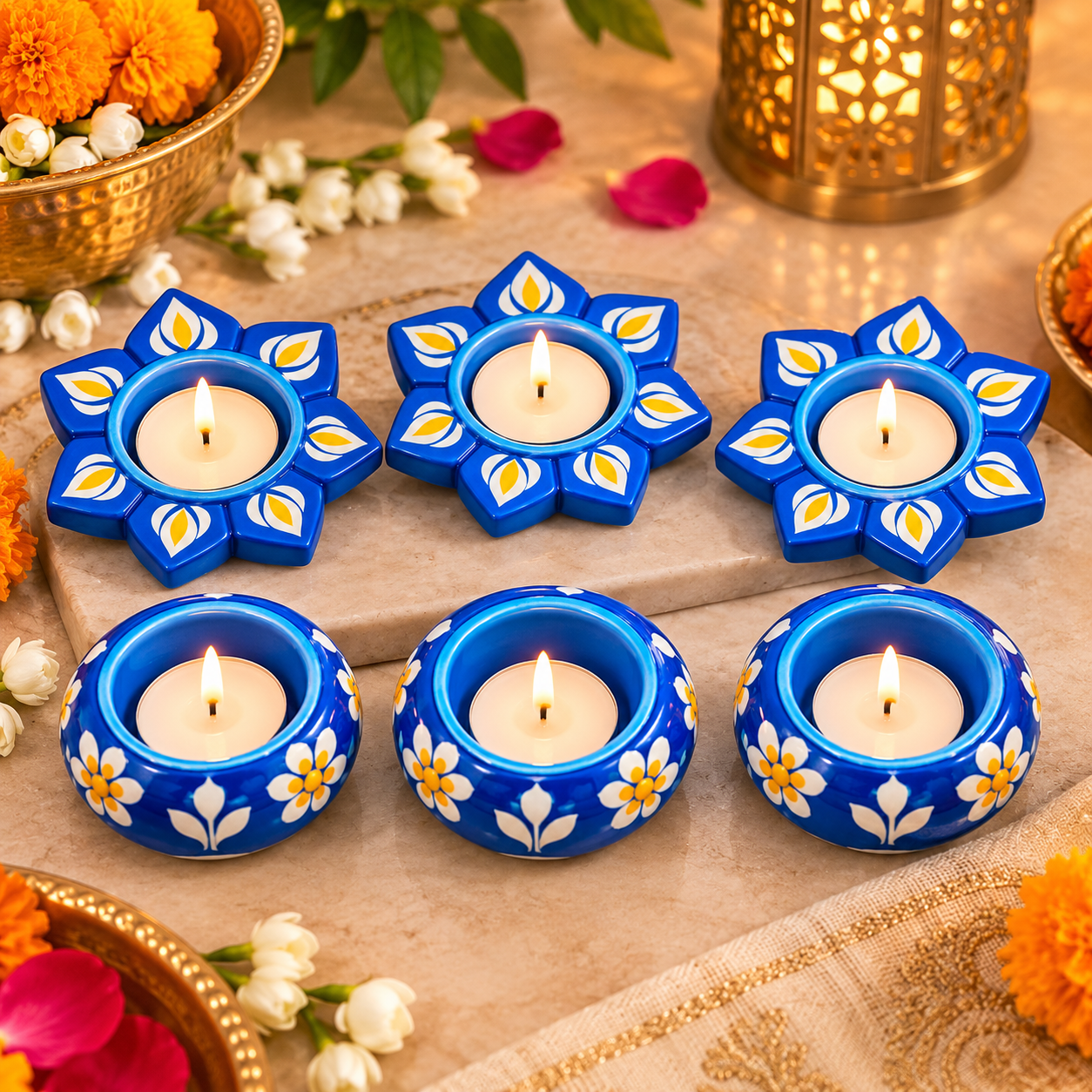 Elegant Blue Meenakari Diya Candle Holder Set of 6 – Lotus & Round Design