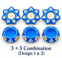 Elegant Blue Meenakari Diya Candle Holder Set of 6 – Lotus & Round Design