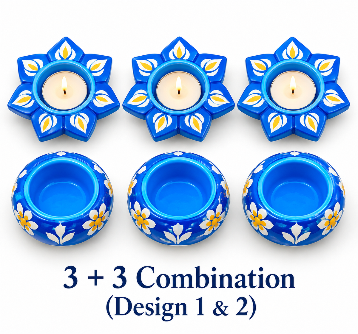 Elegant Blue Meenakari Diya Candle Holder Set of 6 – Lotus & Round Design