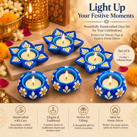 Elegant Blue Meenakari Diya Candle Holder Set of 6 – Lotus & Round Design