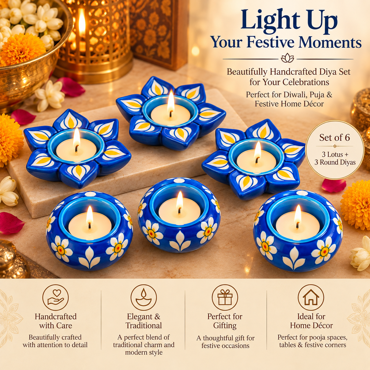 Elegant Blue Meenakari Diya Candle Holder Set of 6 – Lotus & Round Design