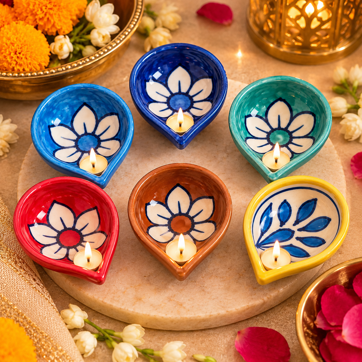 Handcrafted Multicolor Floral Diya Set of 6