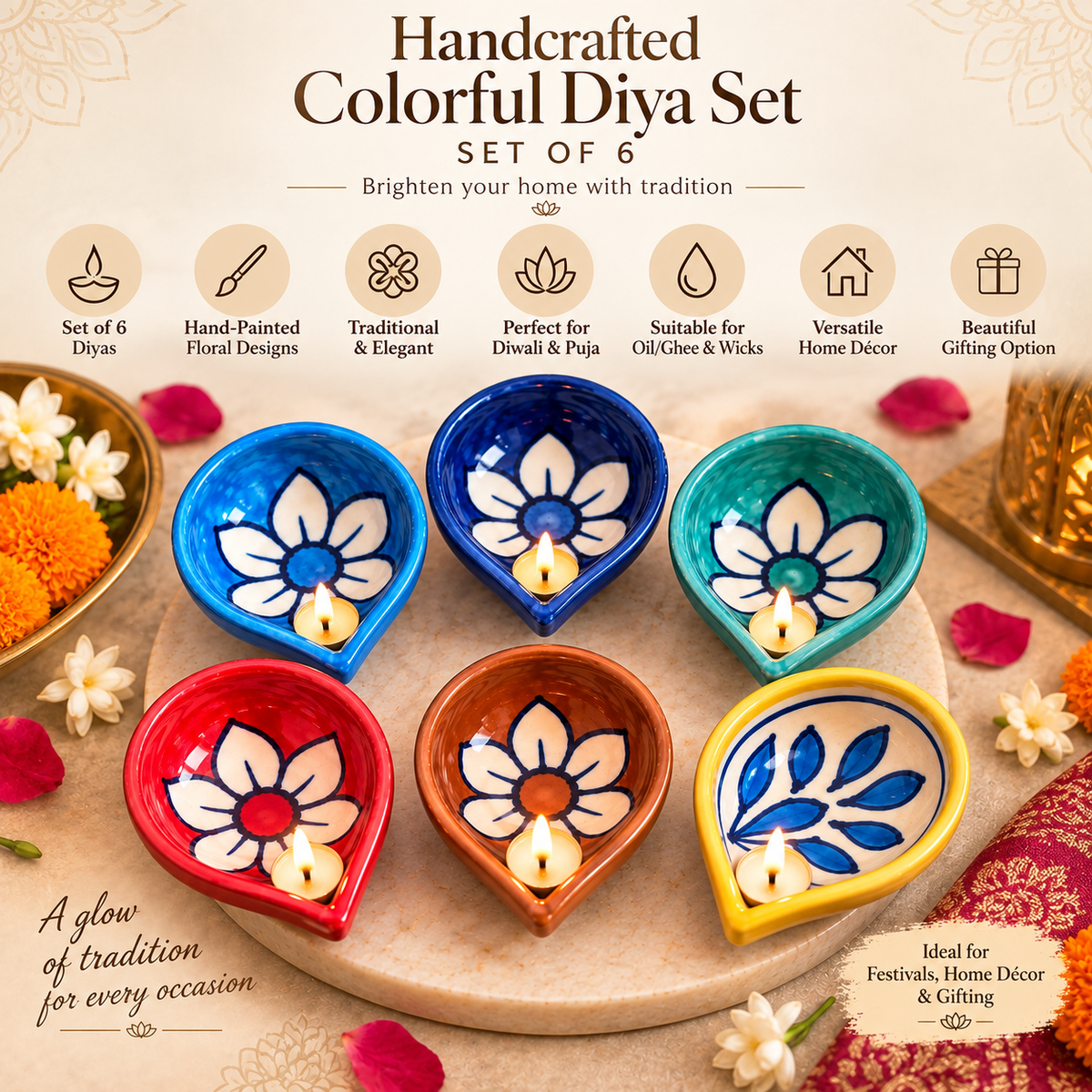 Handcrafted Multicolor Floral Diya Set of 6