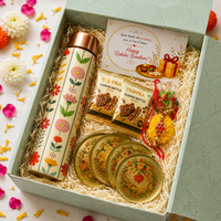 Premium Rakhi Gift Box- Phoolkari Copper Bottle +Brass Coaster Floral Set Of 4