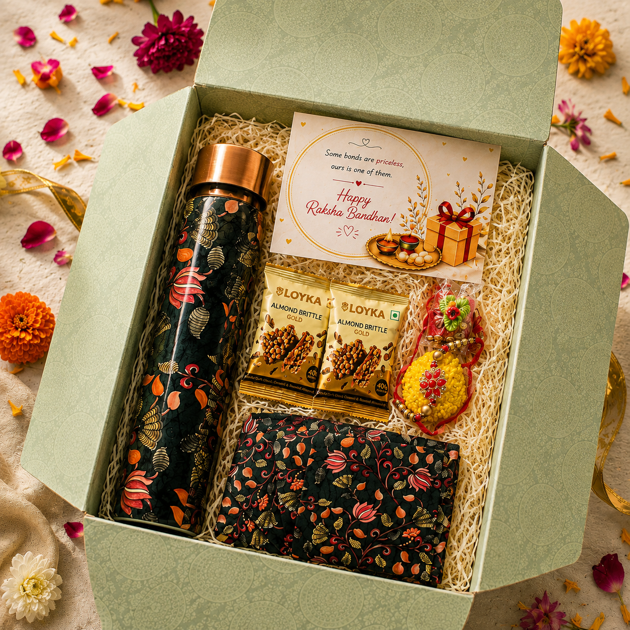 Premium Rakhi Gift Box- Pichwai Copper Bottle +MDF Pichwai Coaster Set Of 4