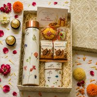 Premium Rakhi Gift Box- White Floral Copper Bottle + 2Glass Set