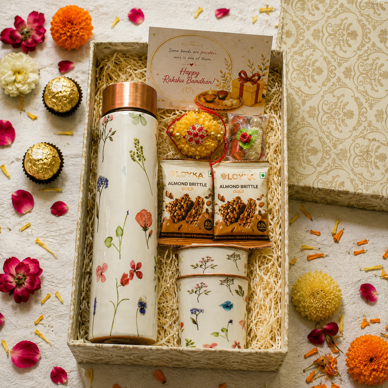 Premium Rakhi Gift Box- White Floral Copper Bottle + 2Glass Set