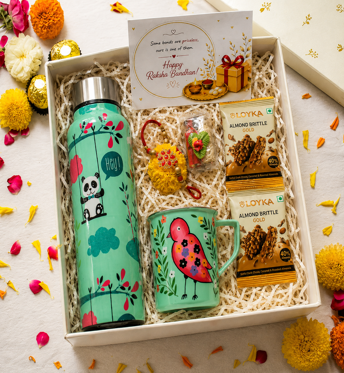 Premium Rakhi Gift Box- Panda Bottle+ Bird Mug
