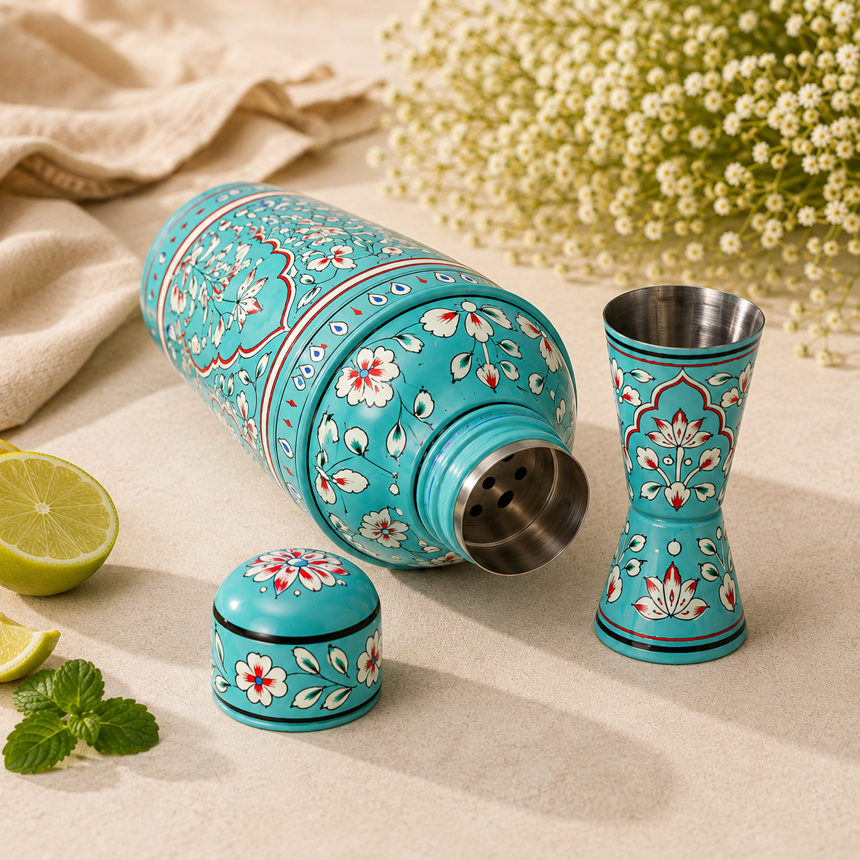 Premium Hand Painted Stainless Steel Cocktail Shaker with Peg Measurer