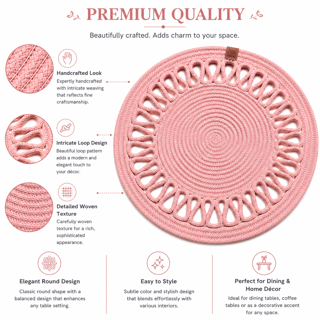 Handcrafted Round Braided Table Mat Set of 4 – Dusty Rose
