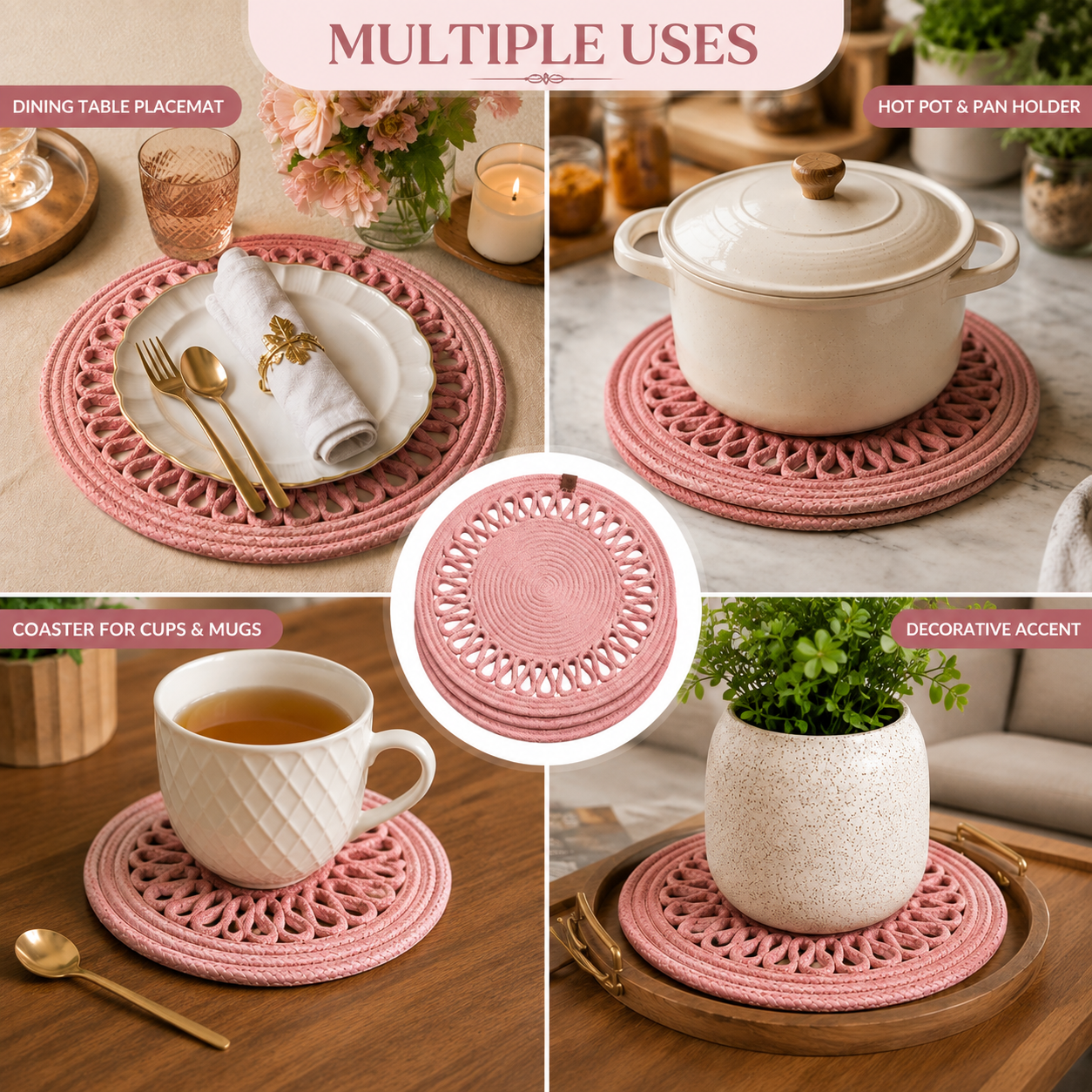 Handcrafted Round Braided Table Mat Set of 4 – Dusty Rose