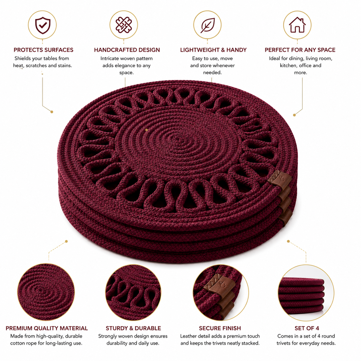 Handcrafted Round Braided Table Mat Set of 4 – Dusty Rose
