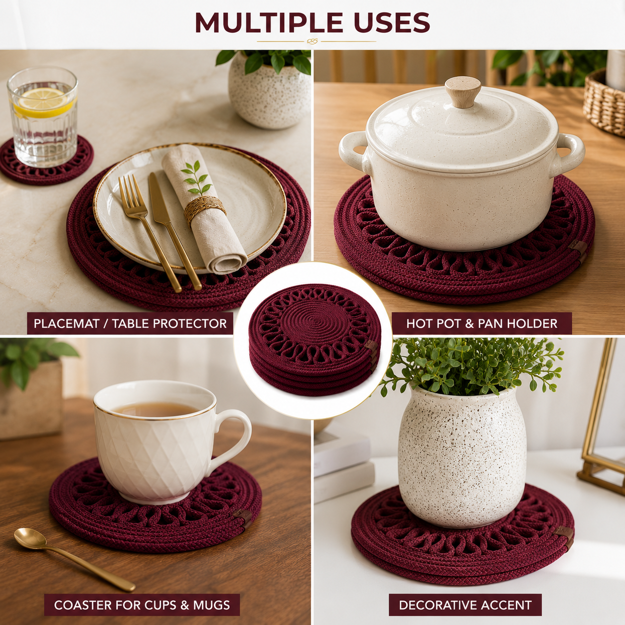 Handcrafted Round Braided Table Mat Set of 4 – Dusty Rose