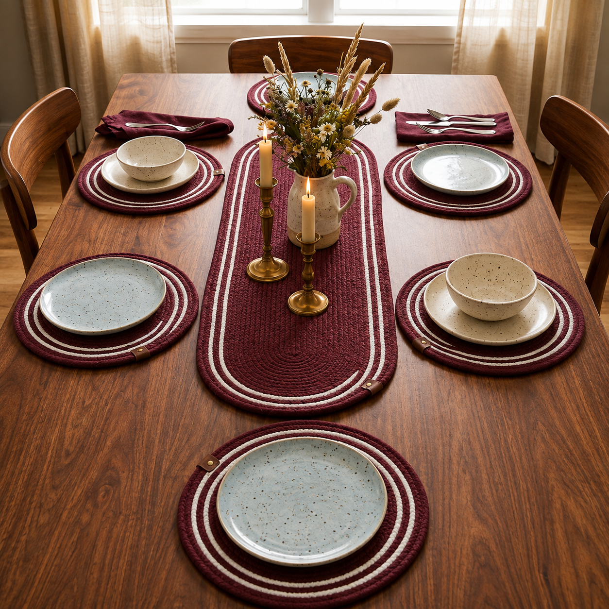 Rustic Woven Dining Table Mat & Runner Set -( Set Of 7)