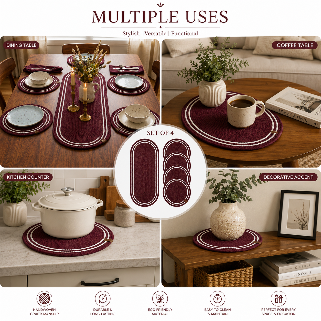 Rustic Woven Dining Table Mat & Runner Set -( Set Of 7)