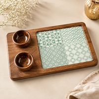 Green Wooden Serving Platter with 2 Bowls | Handcrafted Serving Set of 3