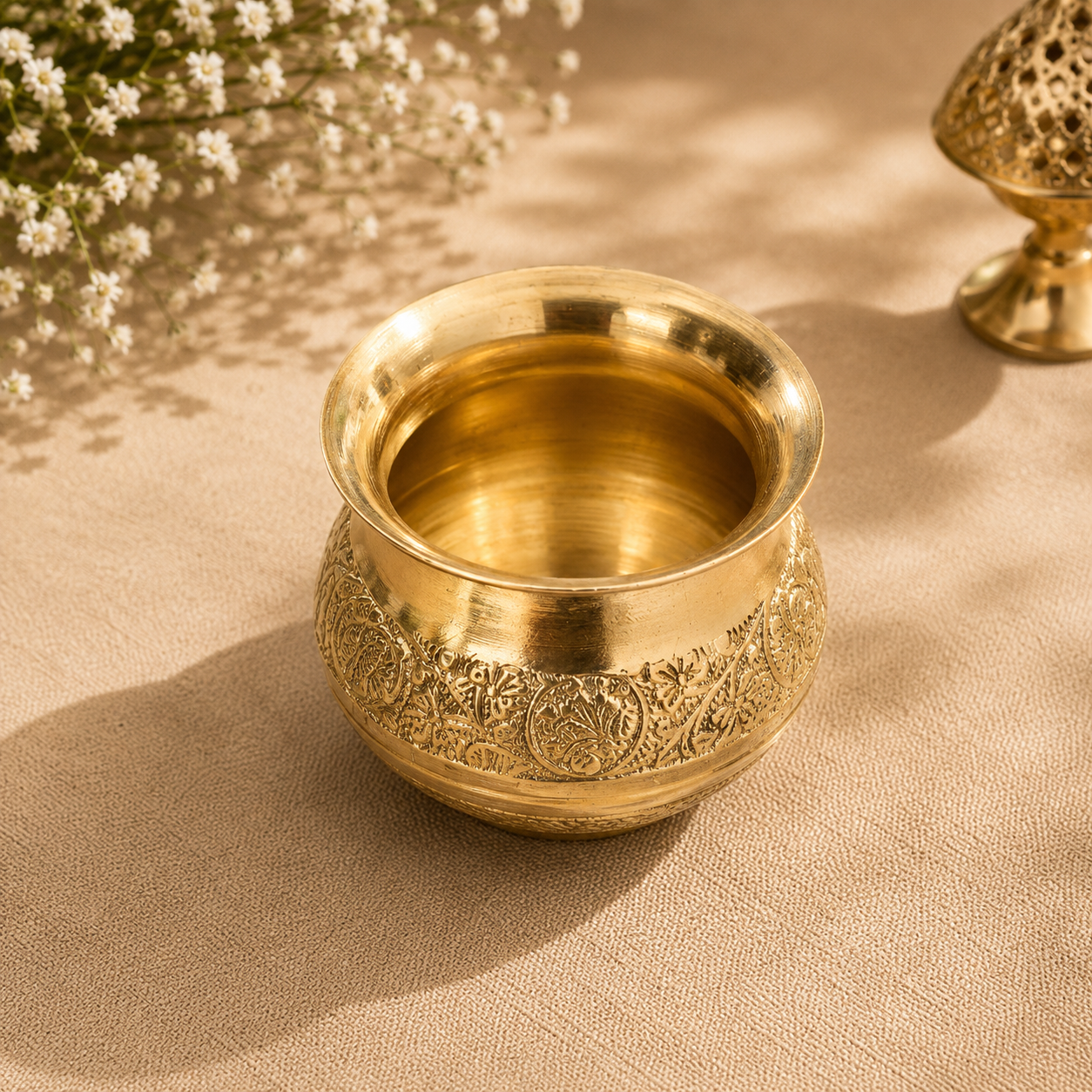 Handcrafted Brass Pooja Thali Set of 3 | Water Pot, Pooja Thali & Incense Stick Holder.