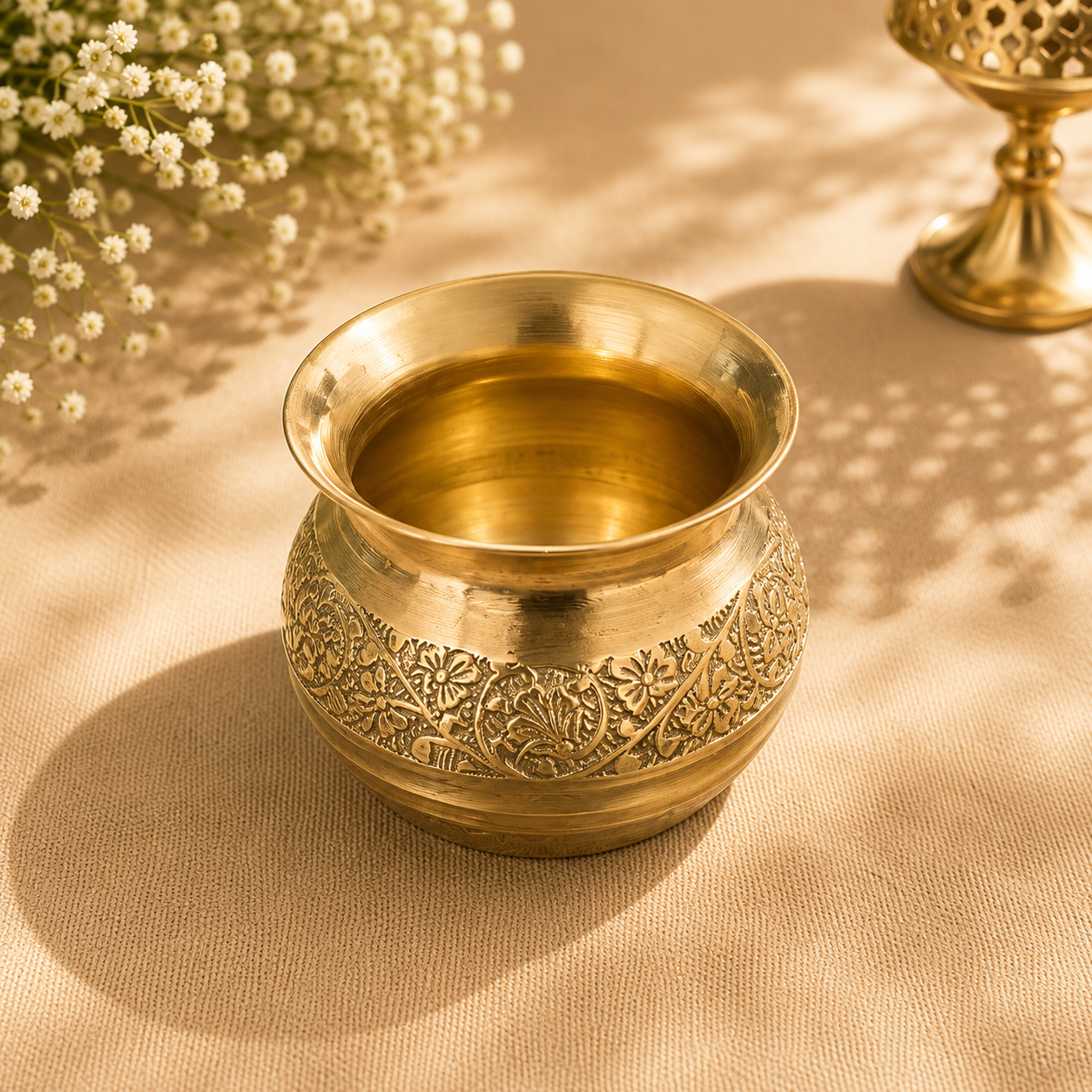 Handcrafted Brass Pooja Thali Set of 3 | Water Pot, Pooja Thali & Incense Stick Holder.