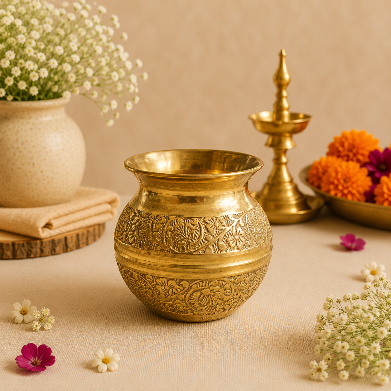 Handcrafted Brass Puja Water Pot – Traditional Embossed Floral Design