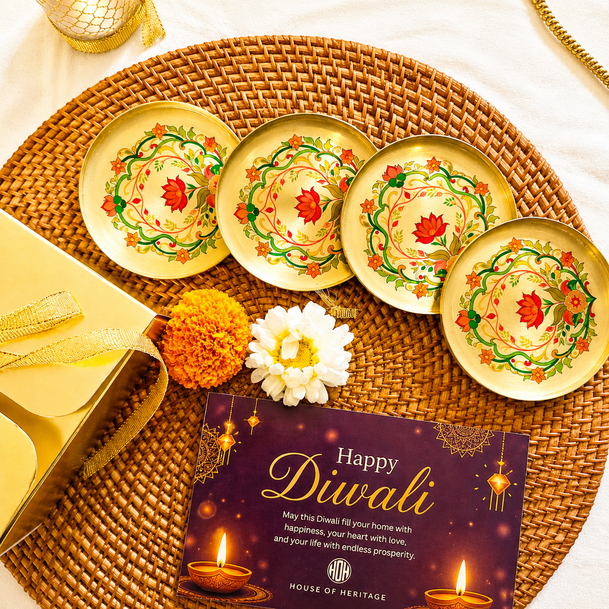Handcrafted Floral Brass Coaster Gift Set (Set of 4) with Festive Packaging