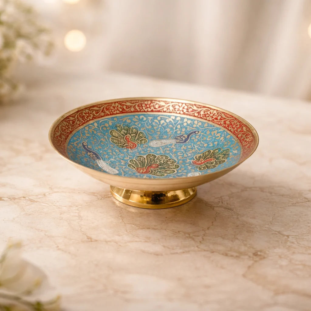 Handcrafted Brass Decorative Plate | Peacock & Floral Design Meenakari Artwork for Home Décor