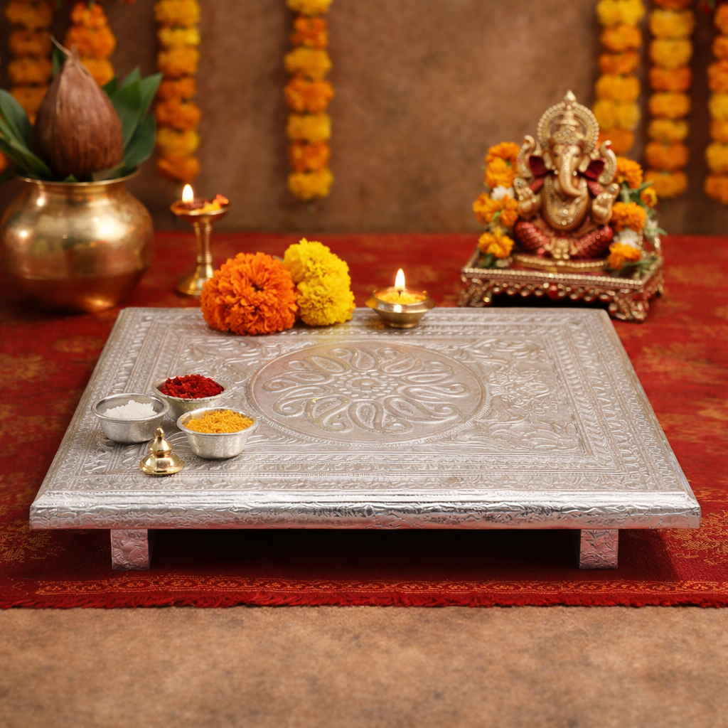 Elegant Silver Finish Pooja Chowki with Embossed Floral Design