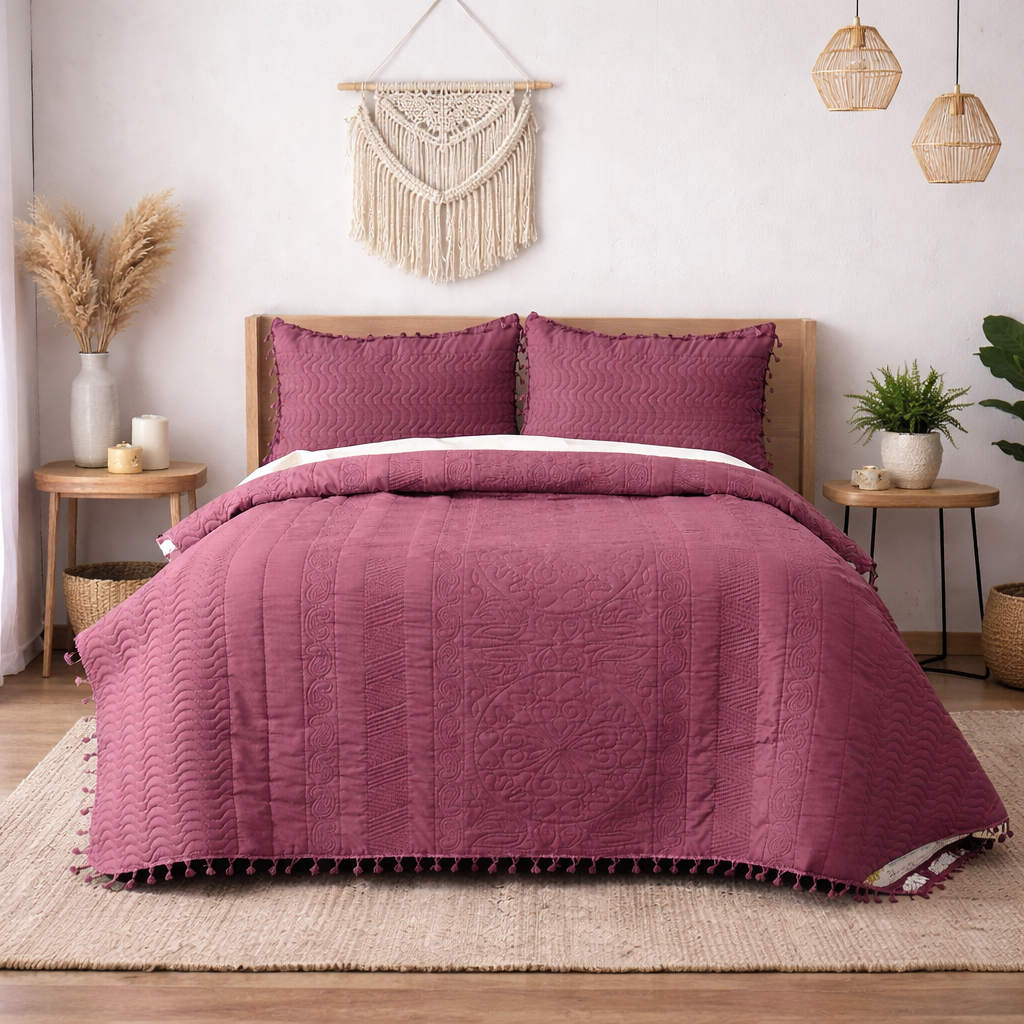 Premium Quilted Cotton Bedcover with Tassels-Mauve
