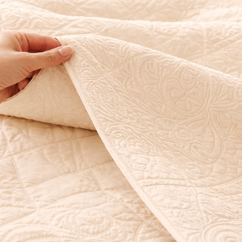 Premium Quilted Cotton Bedcover with Tassels-Cream