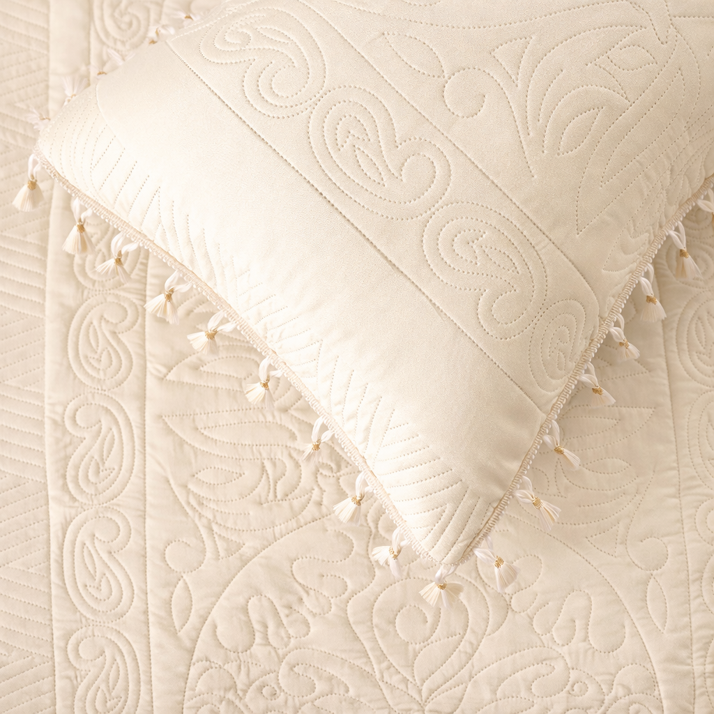 Premium Quilted Cotton Bedcover with Tassels-Cream