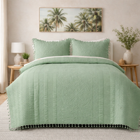 Premium Quilted Cotton Bedcover with Tassels-Green