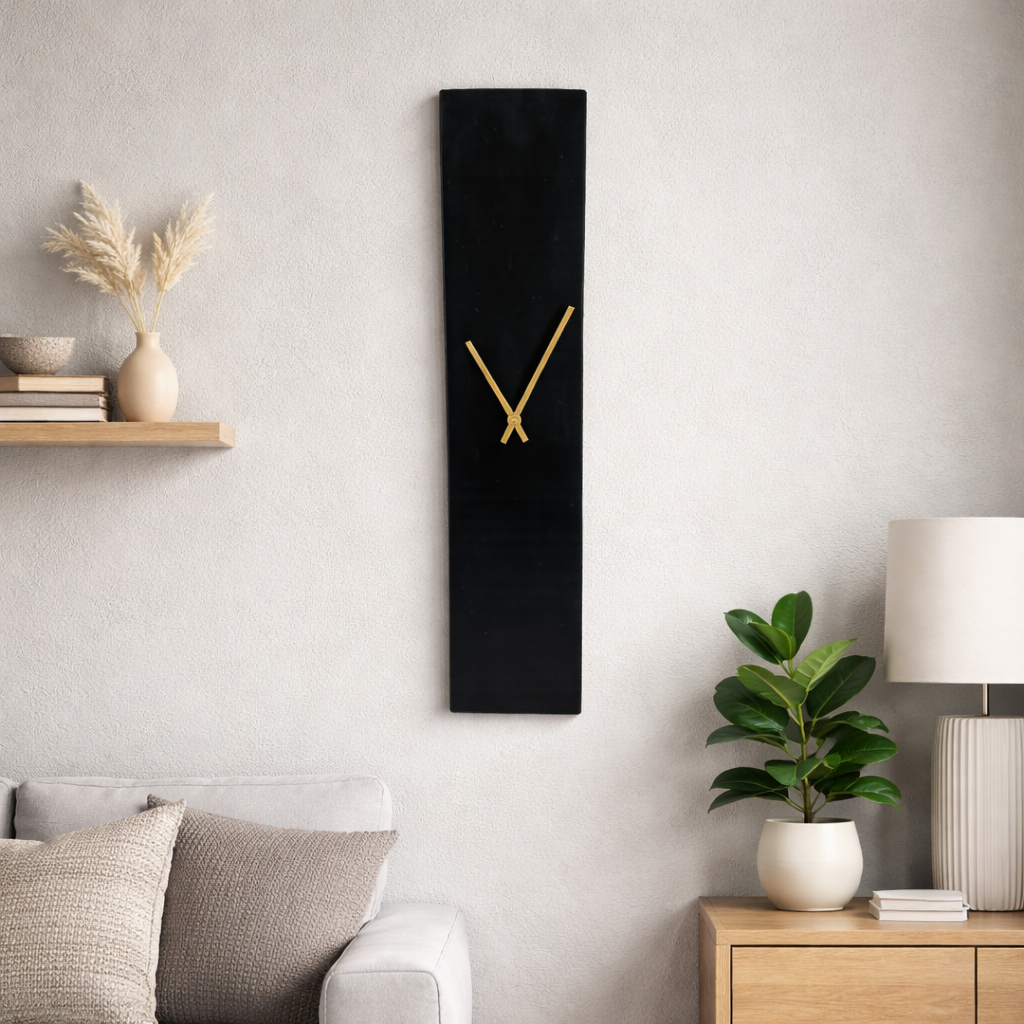 Modern Black Stone Wall Clock with Gold Hands – Minimalist Luxury Vertical Wall Décor