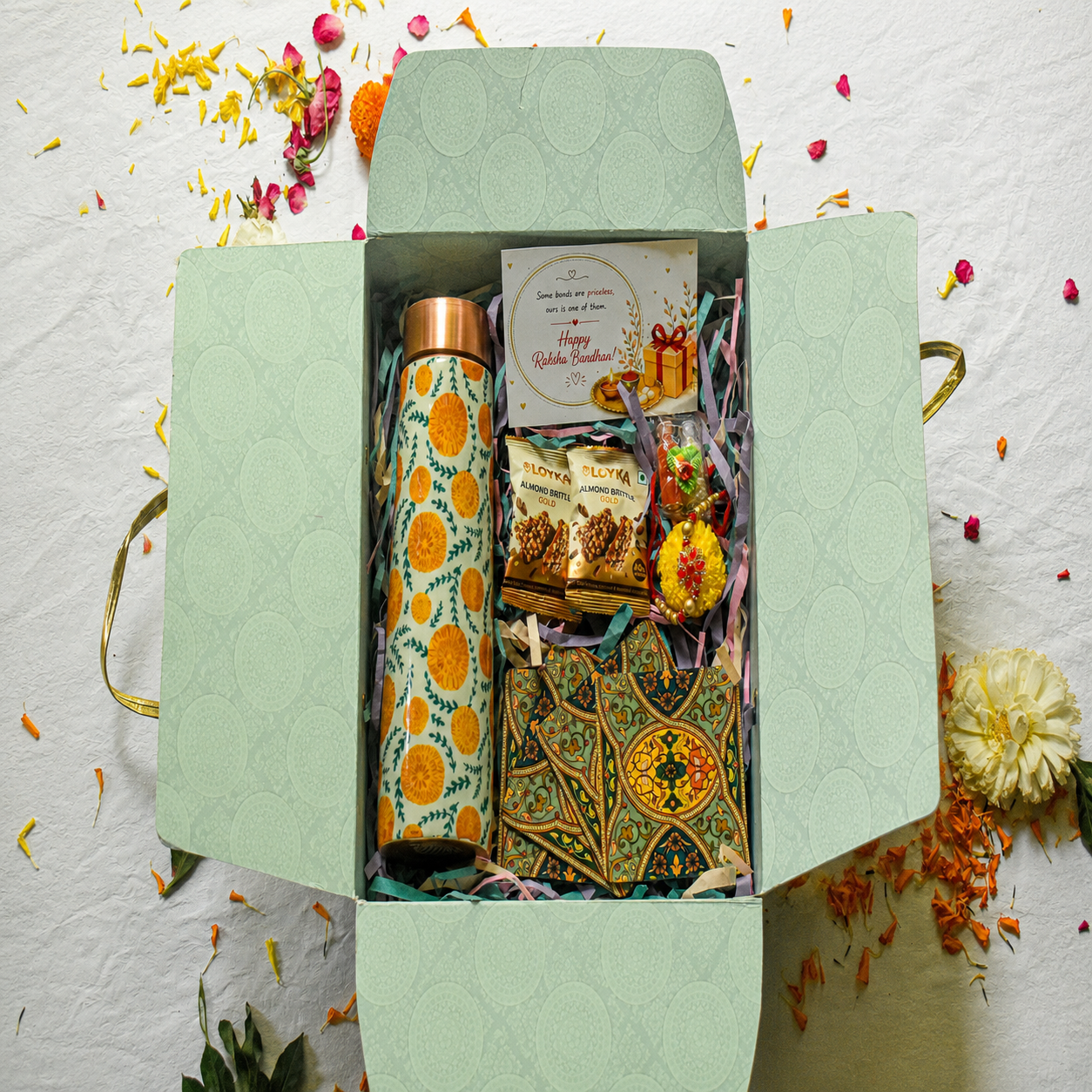 Premium Rakhi Gift Box- Marigold Copper Bottle +MDF Coaster Flora Set Of 4