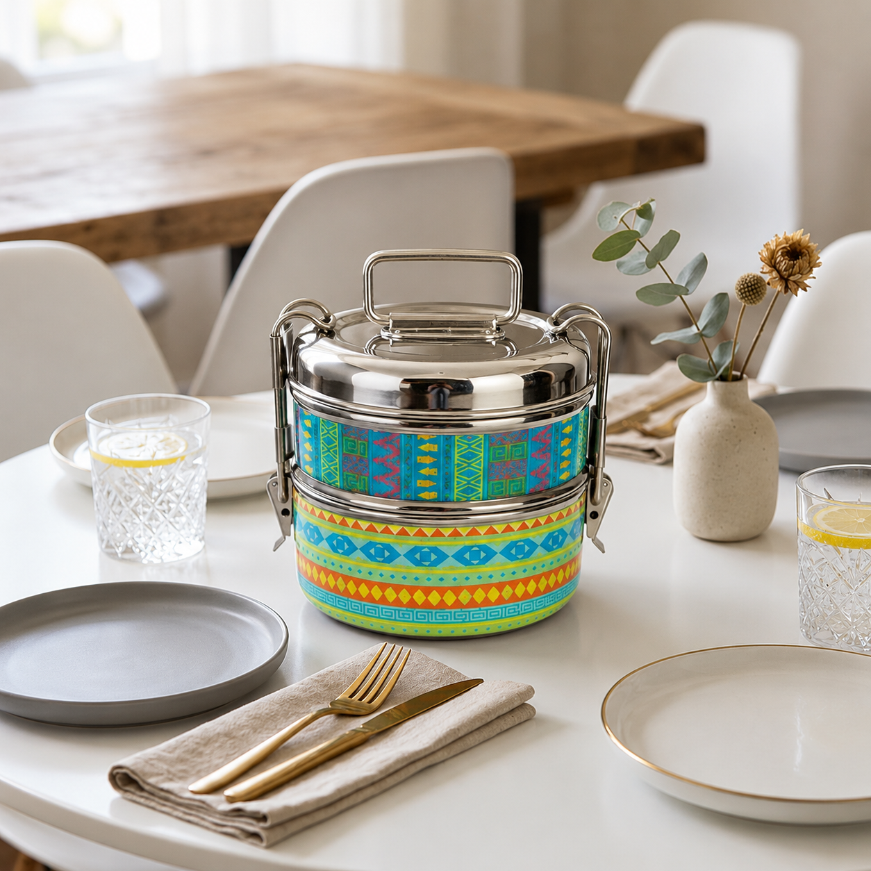 Eco-Friendly Meenakari Stainless Steel Double Layer Lunch Box – Stylish & Durable