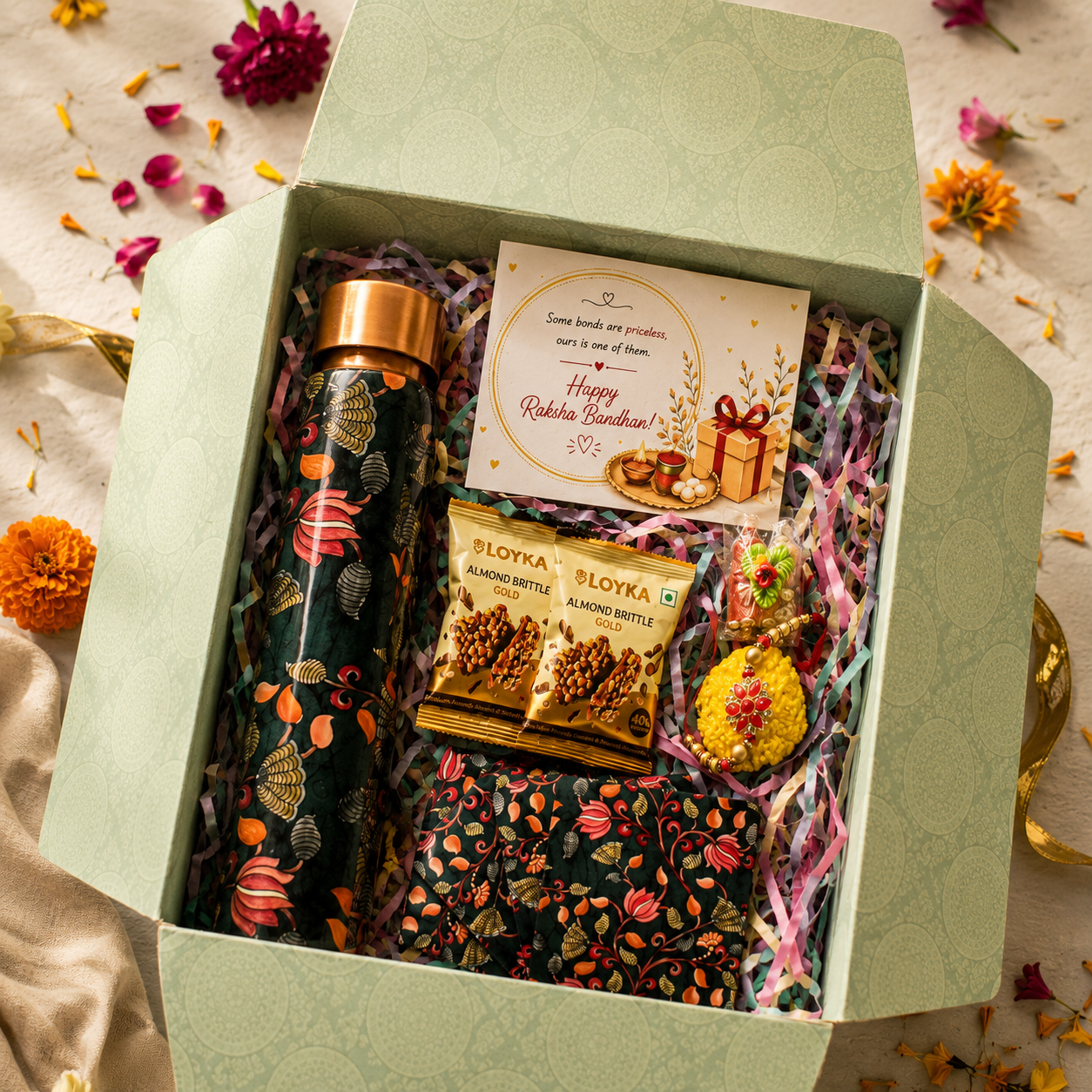 Premium Rakhi Gift Box- Pichwai Copper Bottle +MDF Pichwai Coaster Set Of 4