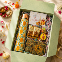 Premium Rakhi Gift Box- Marigold Copper Bottle +MDF Coaster Flora Set Of 4