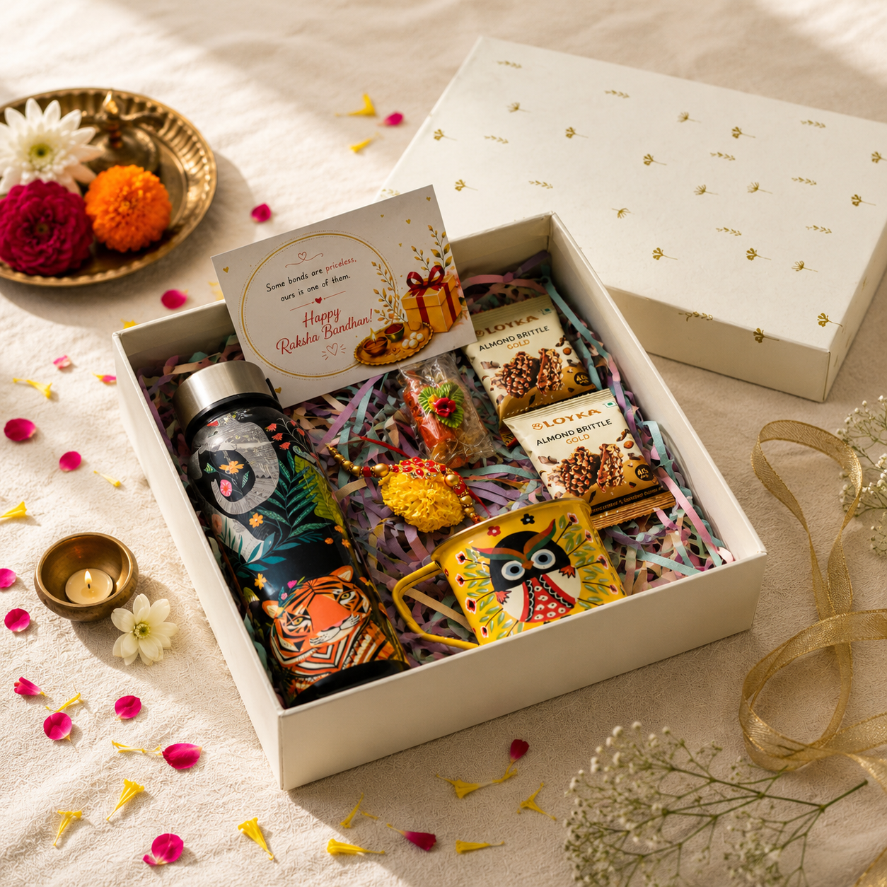 Premium Rakhi Gift Box- Jungle Bottle+ Owl Mug