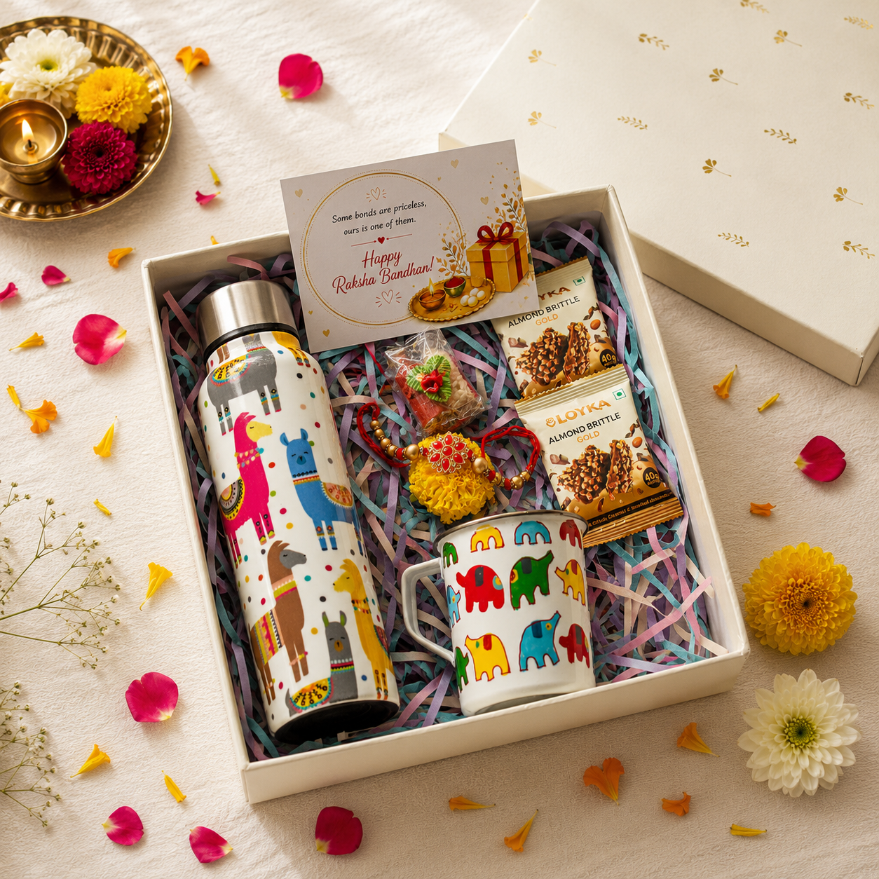 Premium Rakhi Gift Box- Llama Bottle+ Elephant Mug