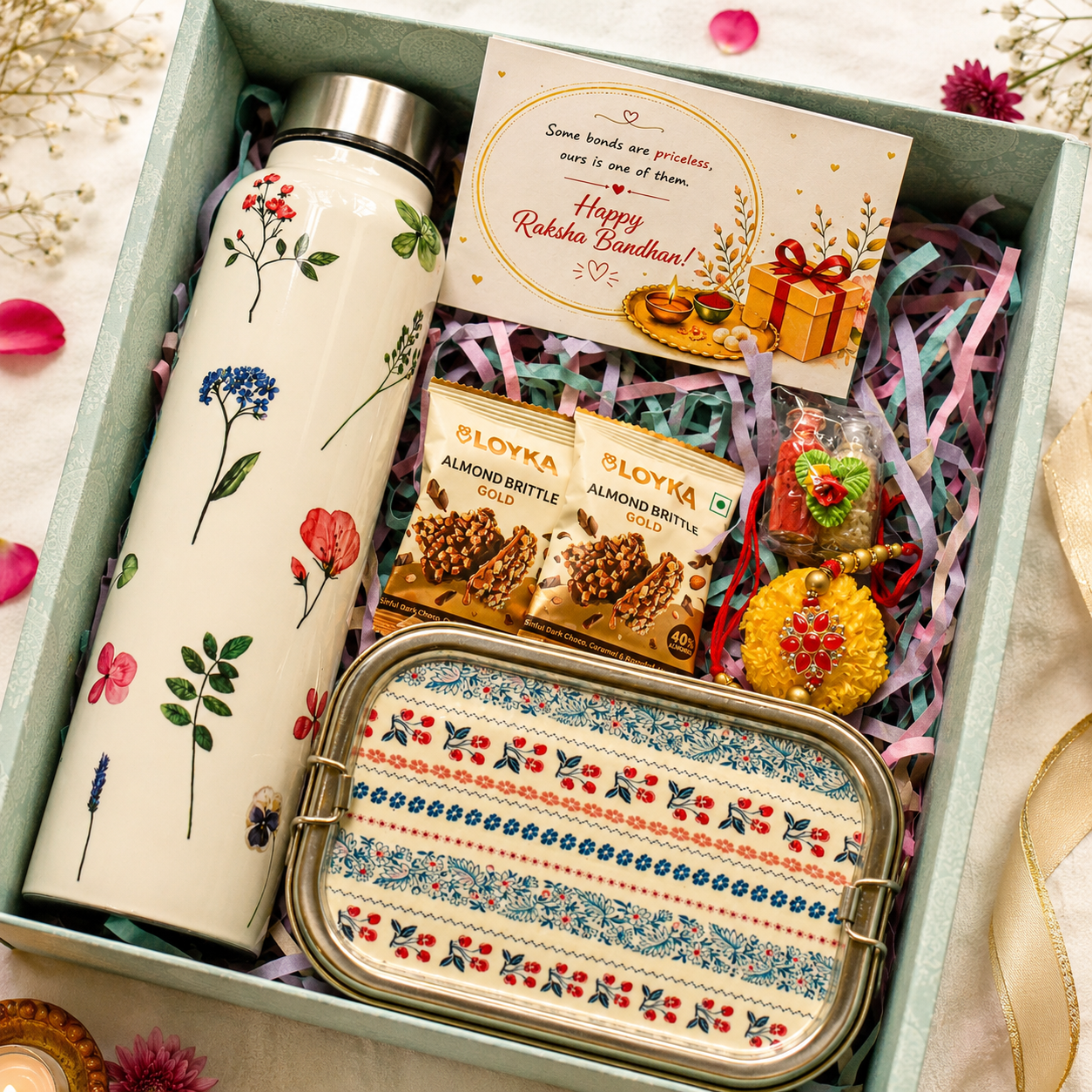 Premium Rakhi Gift Box- Floral Bottle+Cherry 2tier Lunchbox