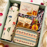 Premium Rakhi Gift Box- Floral Bottle+Cherry 2tier Lunchbox