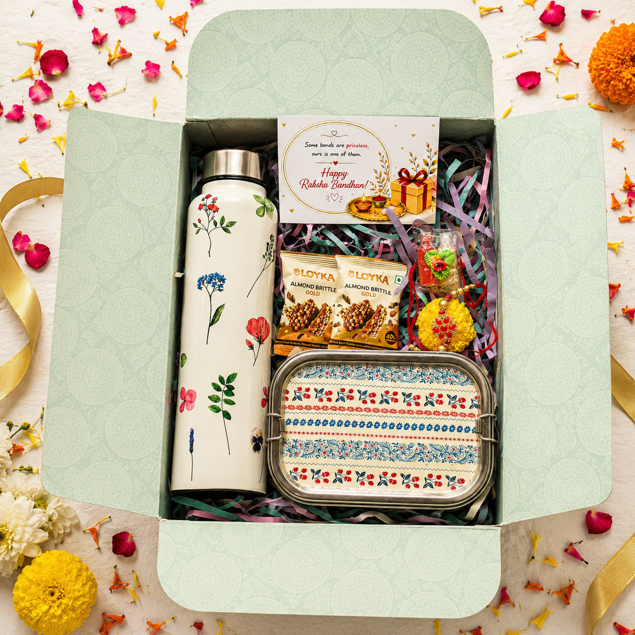 Premium Rakhi Gift Box- Floral Bottle+Cherry 2tier Lunchbox