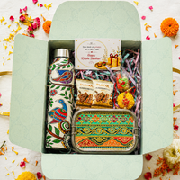 Premium Rakhi Gift Box-Madhubani Bottle+ Multicolour Floral 2tier Lunchbox