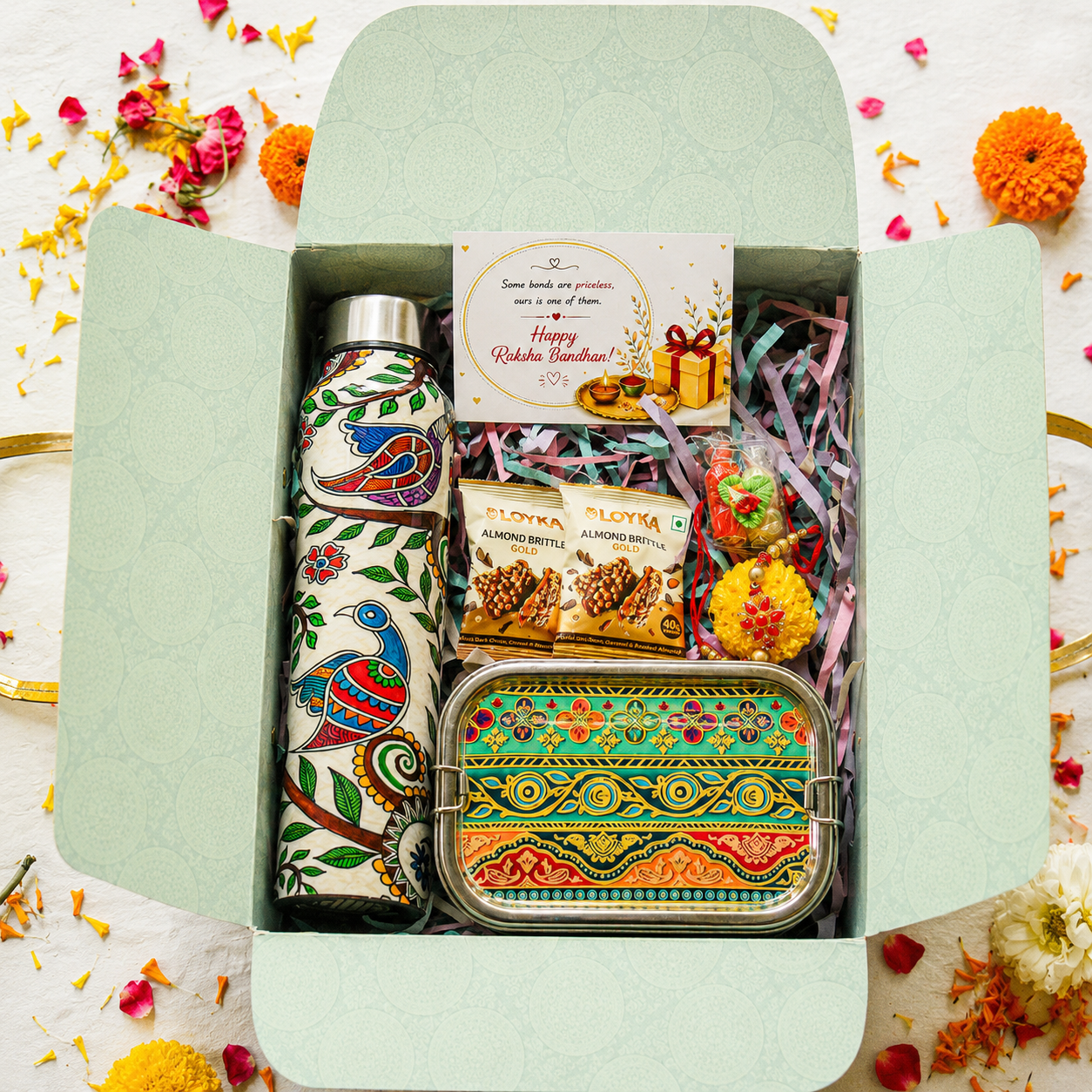 Premium Rakhi Gift Box-Madhubani Bottle+ Multicolour Floral 2tier Lunchbox