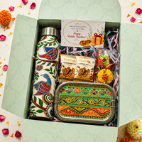 Premium Rakhi Gift Box-Madhubani Bottle+ Multicolour Floral 2tier Lunchbox