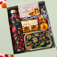 Premium Rakhi Gift Box-Pichwai Bottle+ Paisley 2tier Lunchbox