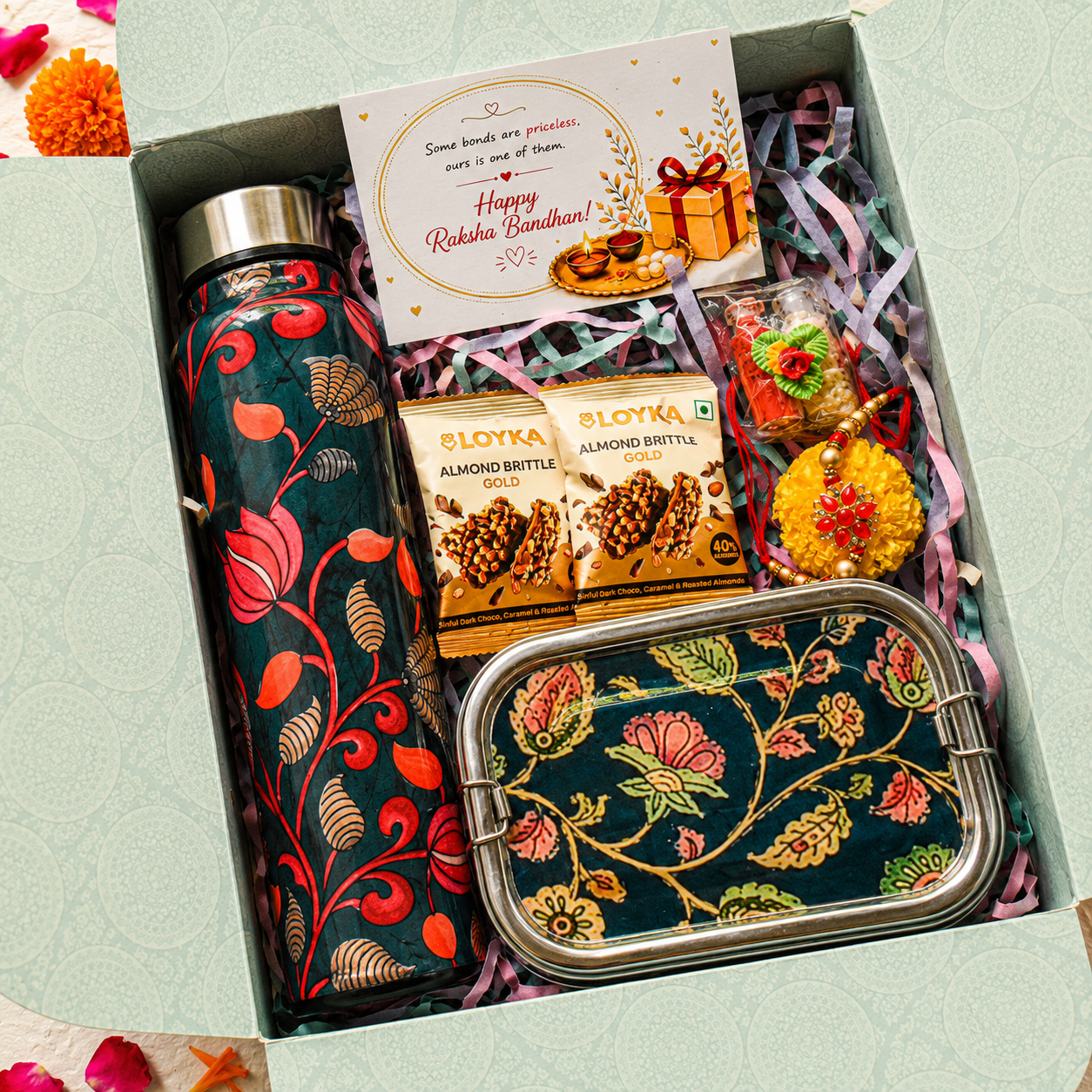 Premium Rakhi Gift Box-Pichwai Bottle+ Paisley 2tier Lunchbox