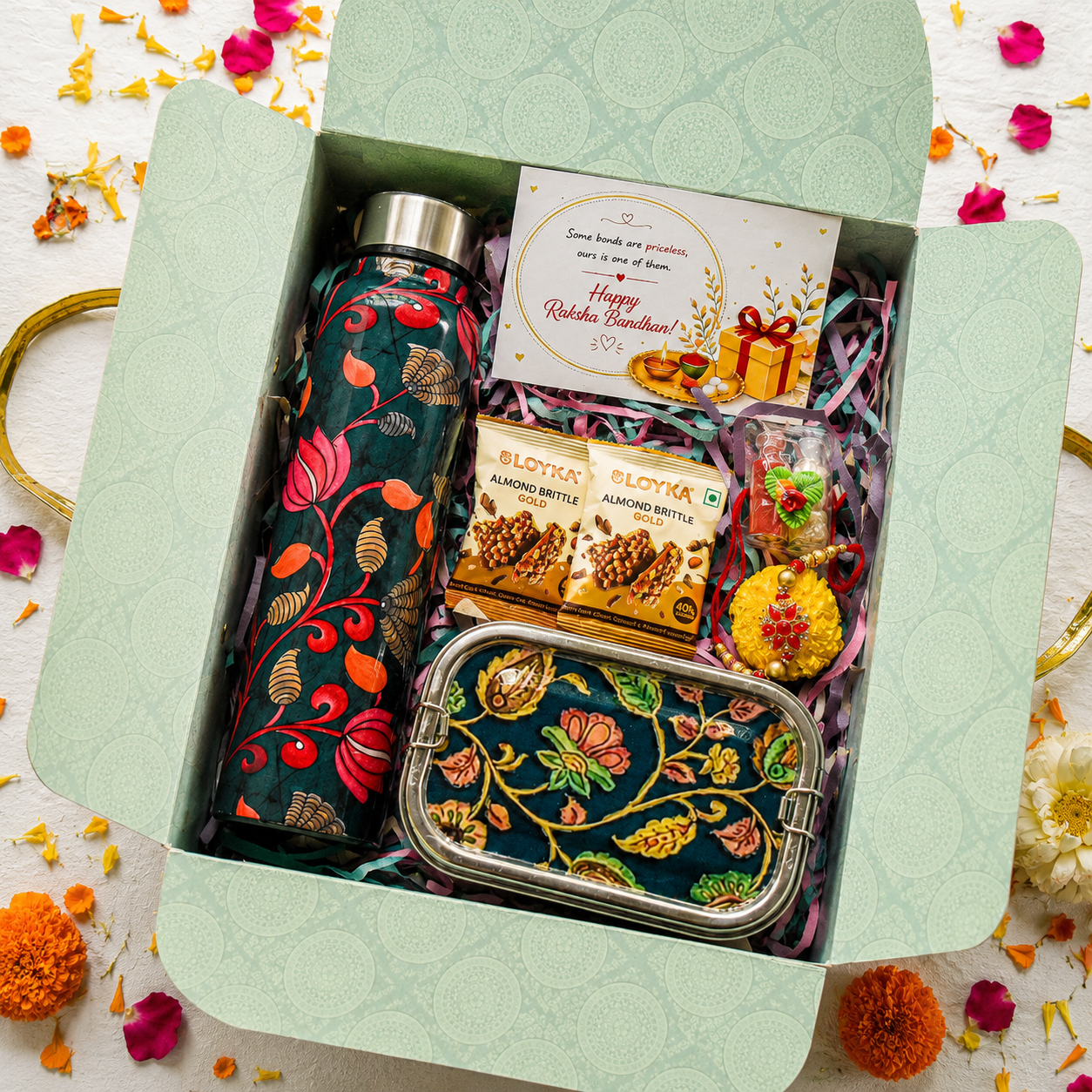 Premium Rakhi Gift Box-Pichwai Bottle+ Paisley 2tier Lunchbox