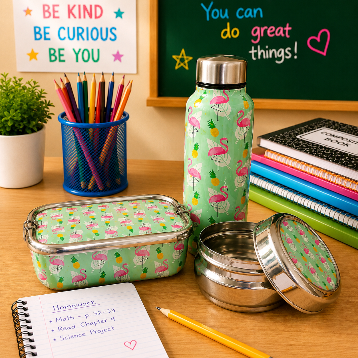 Stainless Steel Lunch Box , Snack Box & Water Bottle (750 ML) Set