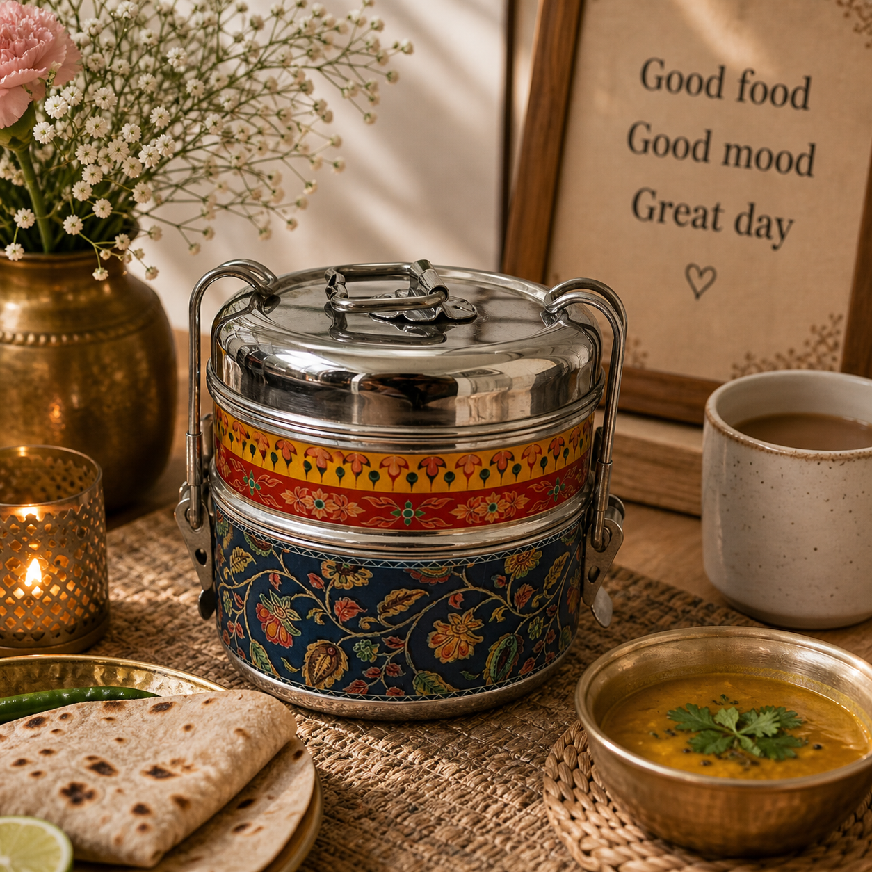 Handcrafted Meenakari Stainless Steel 2 Tier Lunch Box
