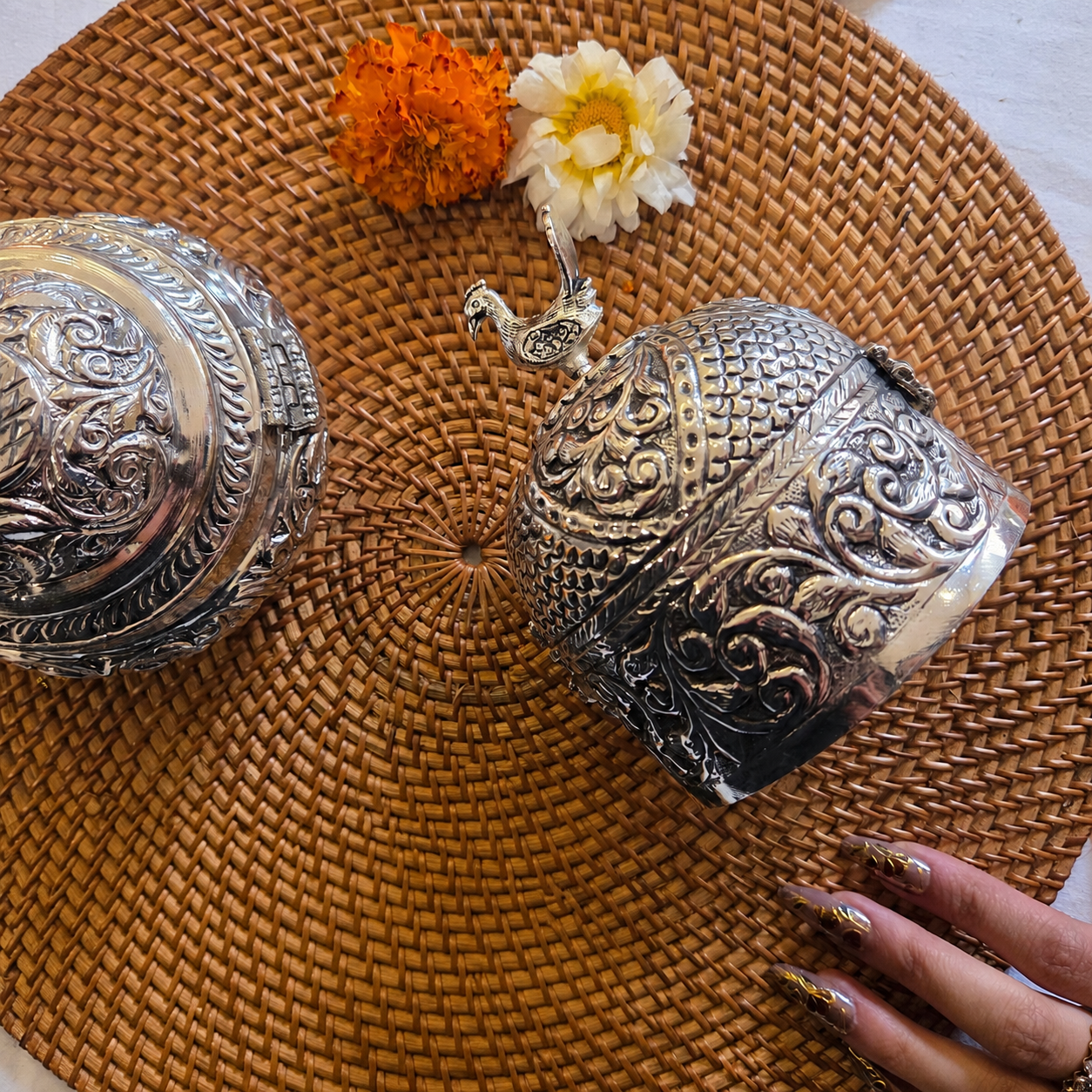 German Silver Peacock Design Multipurpose Center Piece for Home Decor and Gifting