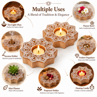 Traditional Wooden Flower Block Print Diya | Artisan-Made Indian T Lite (Set of 2)